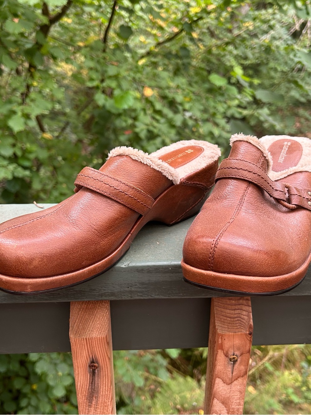 Naturalizer Brown Leather Clog Mules with Shearling Trim
